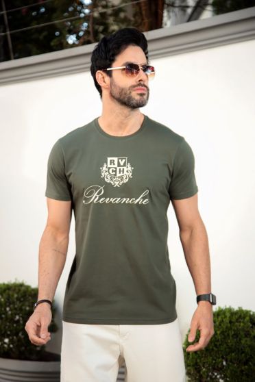 Camiseta Decote Careca Estampada Masculino Revanche Extremoz VERDE MUSGO