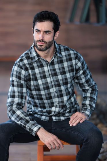 Camisa Xadrez Bordada Masculina Revanche Prados PRETO-CINZA