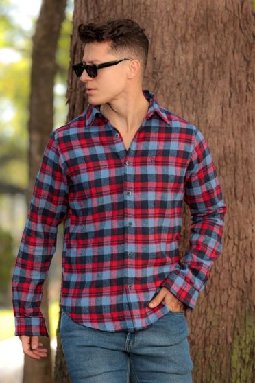 Camisa Xadrez Bordada Masculina Revanche Prados AZUL-VERMELHO