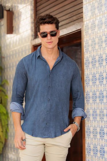 Camisa De Viscose Bordada Masculina Revanche Pinheiro AZUL