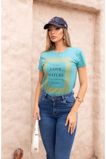 Camiseta Estampada Love Nature Feminina Revanche Orissa VERDE TURQUESA