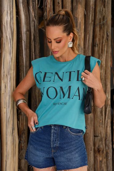 Camiseta Regata Com Ombreiras Estampada Feminino Revanche Jâmnia VERDE TURQUESA