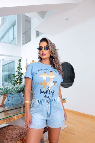 Camiseta Estampada Hashtag Feminina Revanche Bello AZUL SERENITY