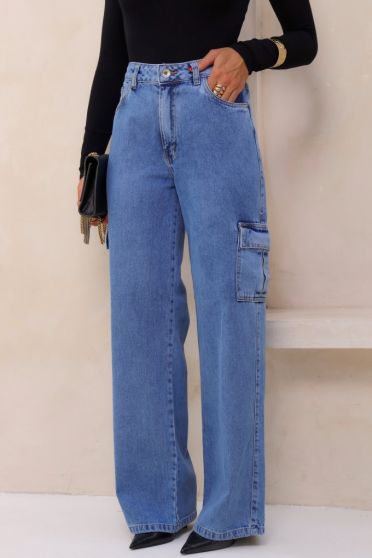Calça Jeans Wide Cargo Feminina Revanche Delta Azul