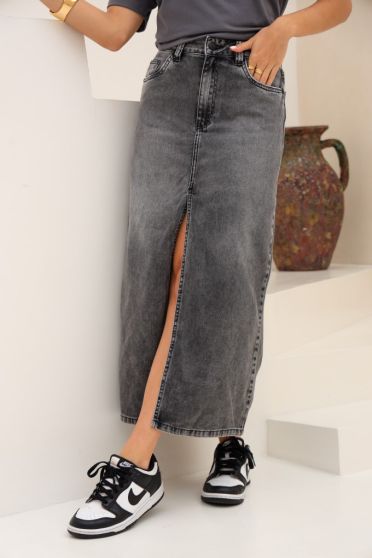Saia Jeans Longa Com Fenda Frontal Feminina Revanche Agedábia UNICA