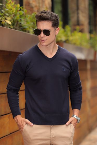 Blusa Tricot Manga Longa Bordado Masculino Revanche Sárdis AZUL PROFUNDO