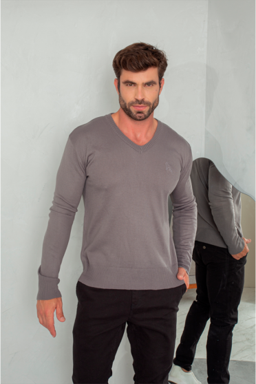 Blusa Tricot Manga Longa Bordado Masculino Revanche Sárdis CINZA CHUMBO