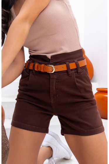 Shorts Color Com Cós Duplo e Bolso Faca Feminino Revanche Rubim MARROM