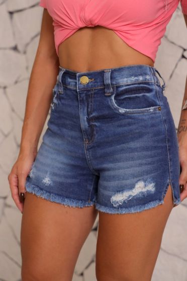 Shorts Jeans Com Elástico Traseiro No Cós e Barra Desfiada Feminino Revanche Doda Azul