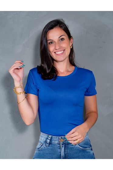 Blusa Baby Look Basica Manga Curta Feminina Revanche Sylfaenol AZUL ROYAL