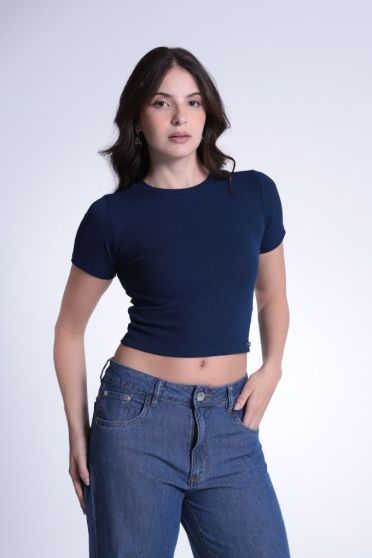 Blusa Cropped Canelado Manga Curta Feminina Revanche Humaitá AZUL MARINHO
