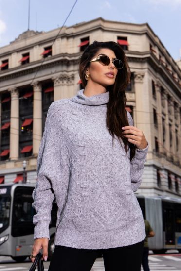 Blusa De Tricot Detalhada e Manga Raglan Feminina Revanche Nosara MESCLA CLARO