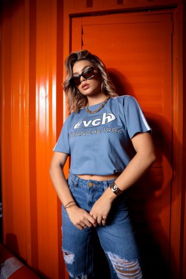T-Shirt Oversized Estampada Feminina Revanche Algona AZUL MEDIO