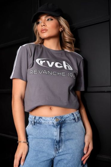 T-Shirt Oversized Estampada Feminina Revanche Algona CINZA ESCURO