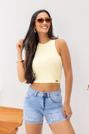 Blusa Regata Canelada Básica Feminina Revanche Pikine AMARELO CLARO