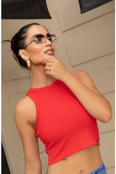 Blusa Regata Canelada Básica Feminina Revanche Pikine VERMELHO-ESCARLATE