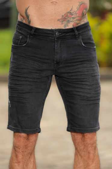 Bermuda Jeans Black Bordado Masculina Revanche Frontino PRETO