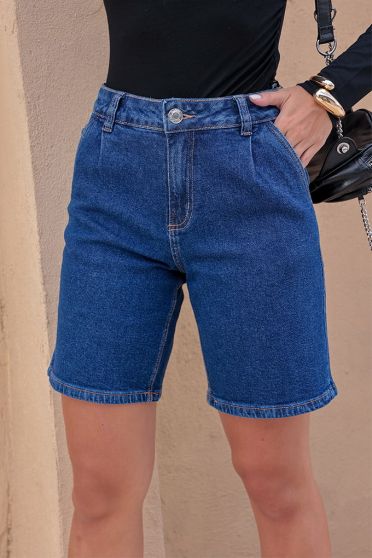 Bermuda Jeans Cintura Alta Com Pregas Feminina Revanche Kildare Azul