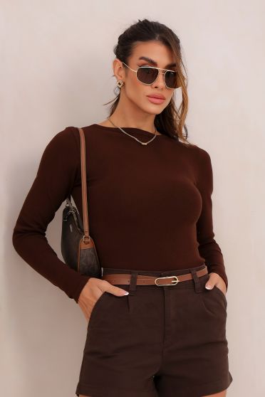 Blusa De Tricot Manga Longa Decote Canoa Feminina Revanche Sliven MARROM