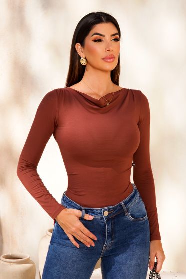 Blusa Manga Longa Drapiada Feminina Revanche Belalos MARROM ESCURO