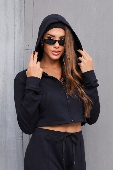 Blusa Molecotton Com Capuz e Bolsos Feminino Revanche Sídima PRETO