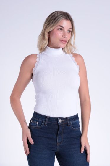 Blusa Regata Gola Alta Com Renda Feminino Revanche Pérsia BRANCO