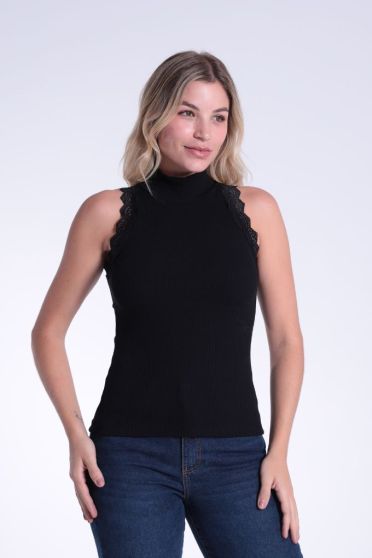 Blusa Regata Gola Alta Com Renda Feminino Revanche Pérsia PRETO