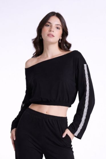 Blusa Ampla Manga Longa e Renda Feminina Revanche Benim 