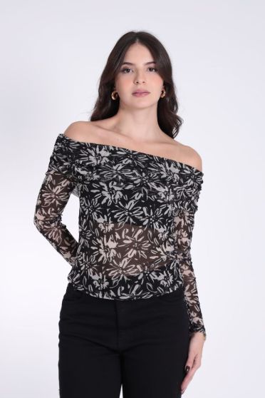 Blusa Ombro a Ombro Estampada Feminina Revanche Yumi PRETO