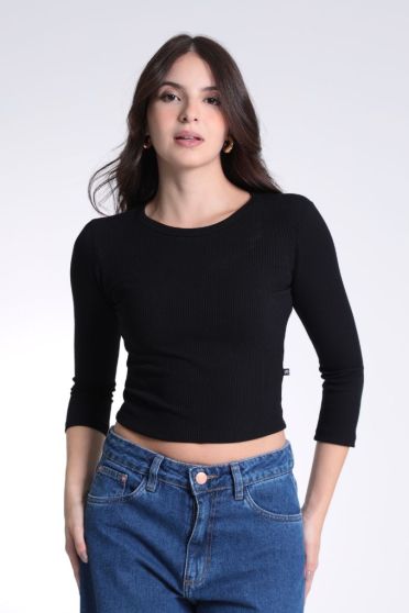 Blusa Canelada Decote Careca Feminino Revanche Ass&iacute;ria PRETO