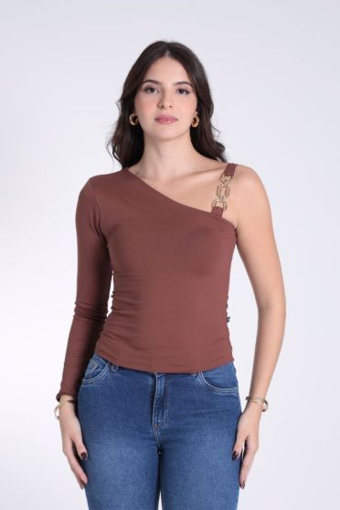 Blusa Ombro S&oacute; Manga Longa com Acess&oacute;rio Feminina Revanche Lorena
