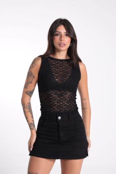 Blusa Regata Rendada com El&aacute;stico Trabalhado Feminina Revanche Lorena PRETO