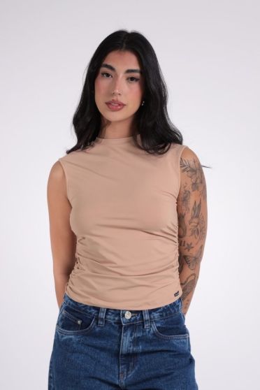 Blusa Feminina Regata Franzida Decote Redondo Revanche-BL.FEM.00257 BEGE