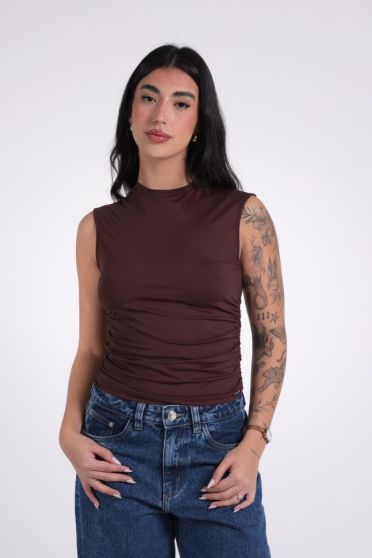 Blusa Feminina Regata Franzida Decote Redondo Revanche-BL.FEM.00257 MARROM ESCURO