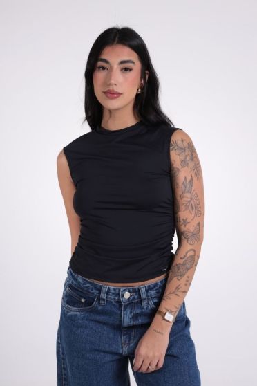 Blusa Feminina Regata Franzida Decote Redondo Revanche-BL.FEM.00257 PRETO