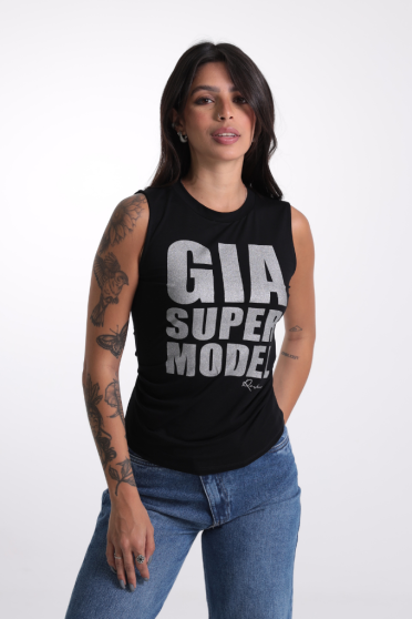Blusa Regata Feminina Franzido Nas Laterais Com Estampa Revanche-BL.FEM.00274 PRETO