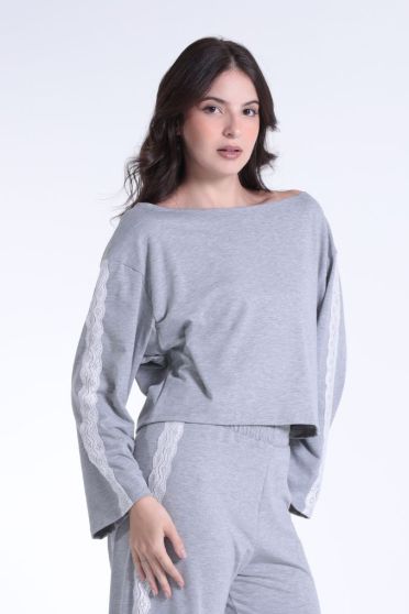 Blusa Ampla Manga Longa e Renda Feminina Revanche Benim MESCLA