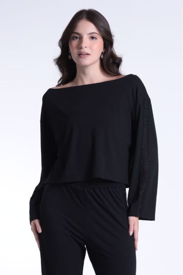 Blusa Ampla Manga Longa e Renda Feminina Revanche Benim PRETO