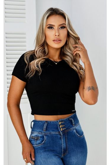 Blusa Cropped Canelado Feminina Revanche Gibara PRETO