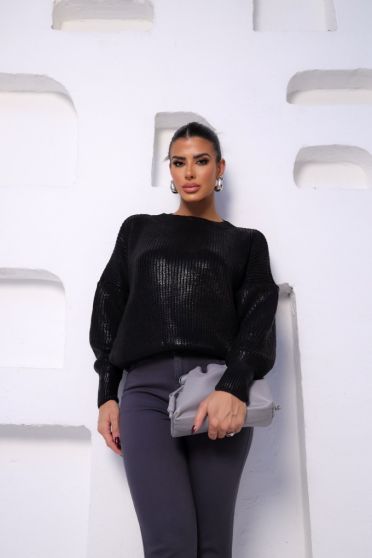 Blusa De Tricot Manga Longa Com Foil Feminina Revanche Palência PRETO-FOIL PRETO