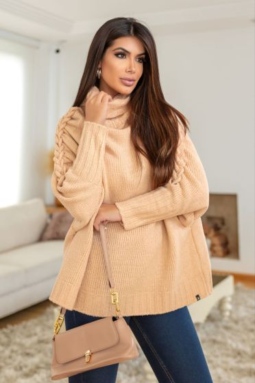 Blusa de Tricot Manga Raglan e Trançado Lateral Feminina Revanche Gourma BEGE