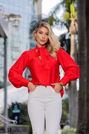 Blusa Decote V Com Amarração Feminina Revanche Ortuella VERMELHO