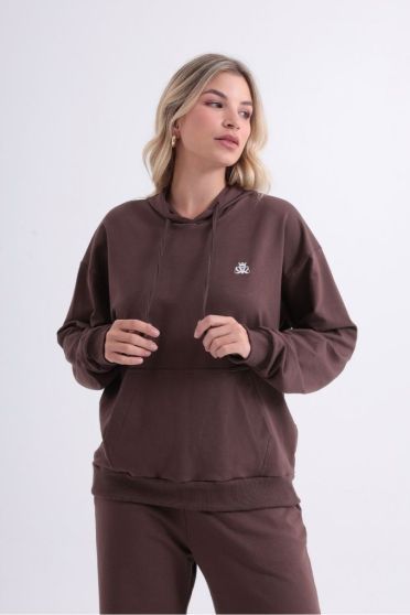 Blusa Canguru Bordado Com Capuz Feminino Revanche Suriname MARROM ESCURO