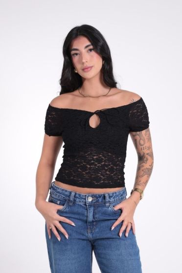 Blusa Cropped Ciganinha Rendada Feminino Revanche Sil&eacute;sia PRETO
