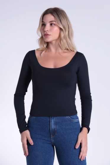Blusa Cropped Manga Longa Decote Redondo Feminino Revanche Svalbard PRETO