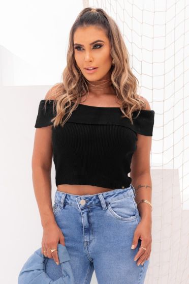 Blusa De Tricot Ombro A Ombro Feminina Revanche Alfarnate PRETO