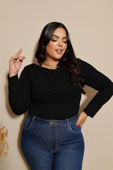 Blusa Decote Franzido Com Pregas Curvy Feminina Revanche Pistória PRETO