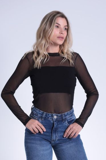 Blusa Manga Longa Com Tule Feminina Revanche Ballsha PRETO