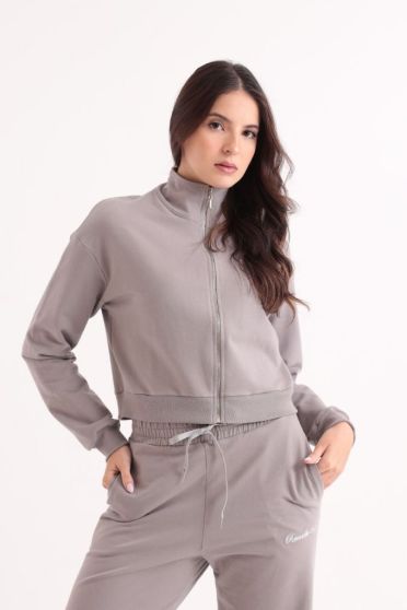 Blusa Moletinho Bordada Gola Alta Feminino Revanche Abiss&iacute;nia CINZA TAUPE