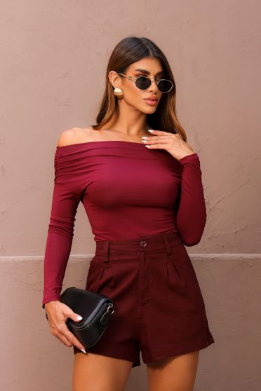 Blusa Ombro A Ombro Manga Longa Franzida Feminina Revanche Lousonna  VINHO